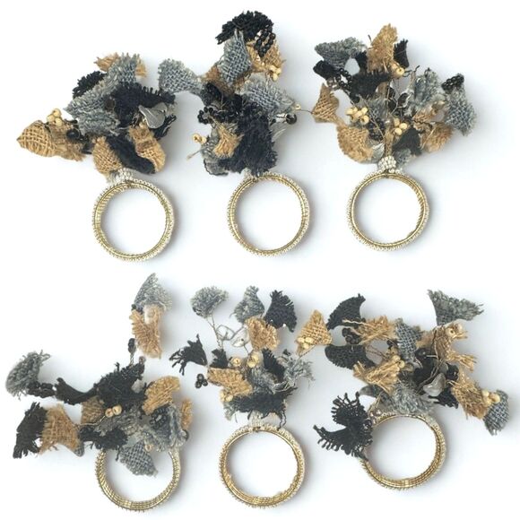 Pier 1 Imports Black Blue Jute Burlap Stones Pearl Beaded Napkin Rings Set of 6 - Picture 1 of 6